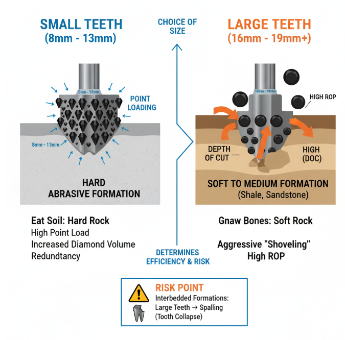 Flat PDC cutter sizes diagram