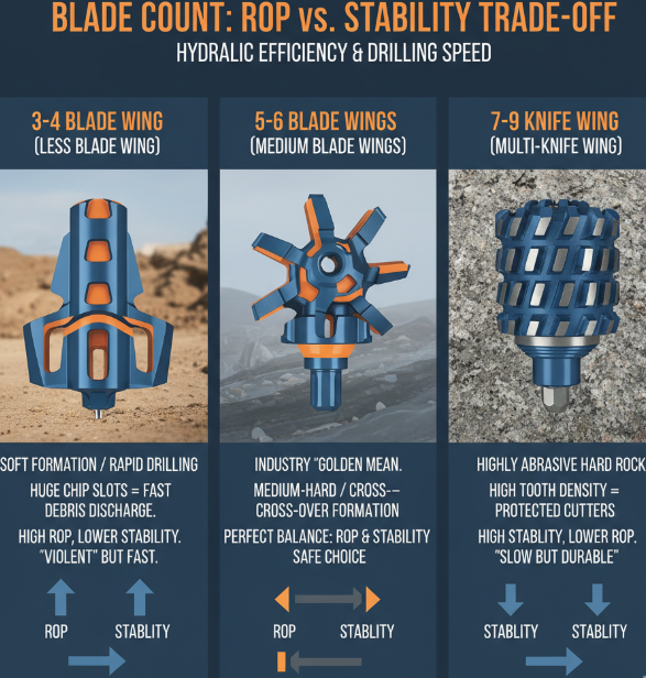 Comparison chart of the number of blades in diamond PDC drill bits