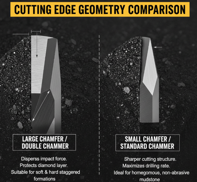 Сравнительная диаграмма режущей кромки с большой фаской/двойной фаской и малой фаской/стандартной фаской.