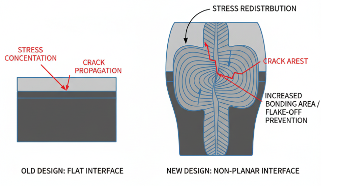 Неплоская конструкция интерфейса оптимизирует ударную вязкость.