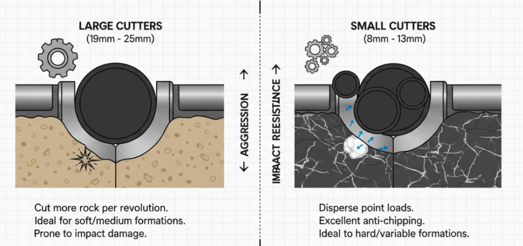 The diameter of the PDC cutting teeth is selected based on the size of the rock.