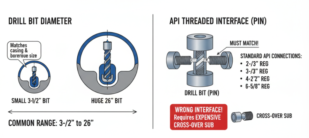PDC drill bit diameter and API interface