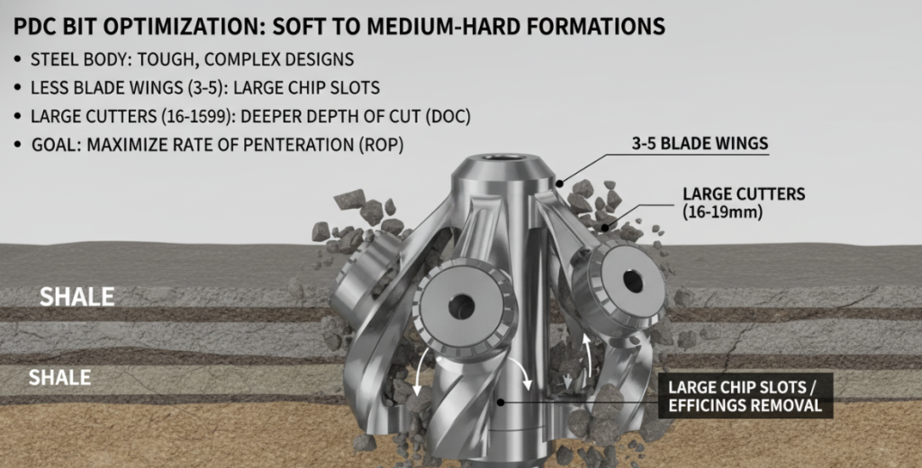 Какой тип бурового долота PDC следует выбрать для мягких и среднетвердых пород?
