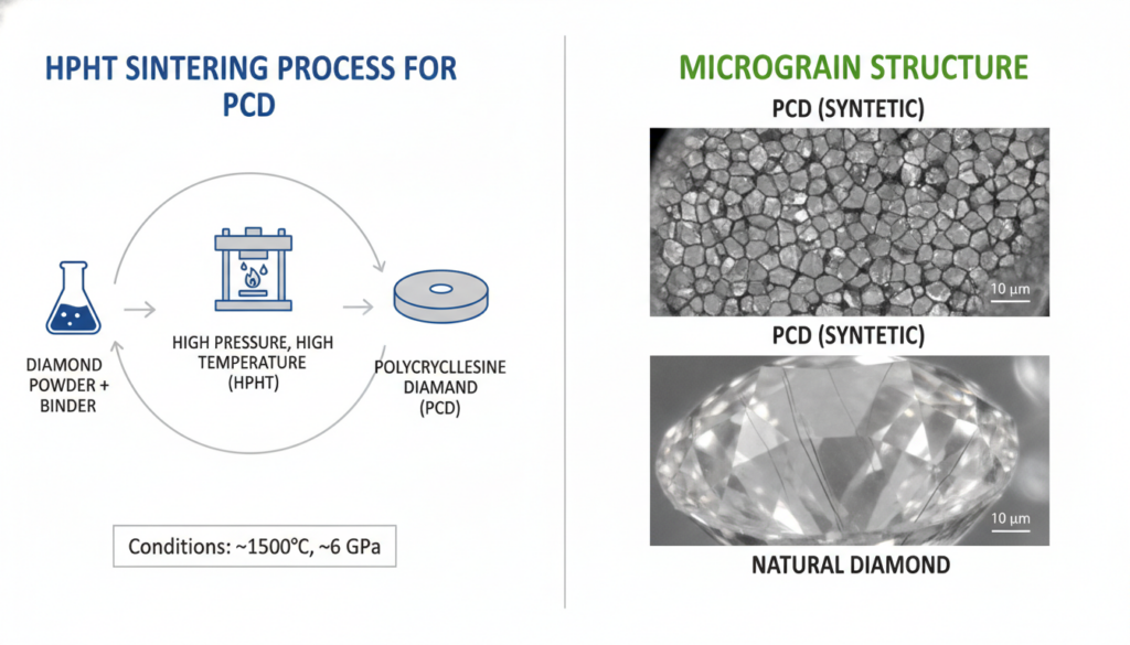 an infograph here showing the HPHT sintering process and the micrograin structure of PCD versus natural diamond.