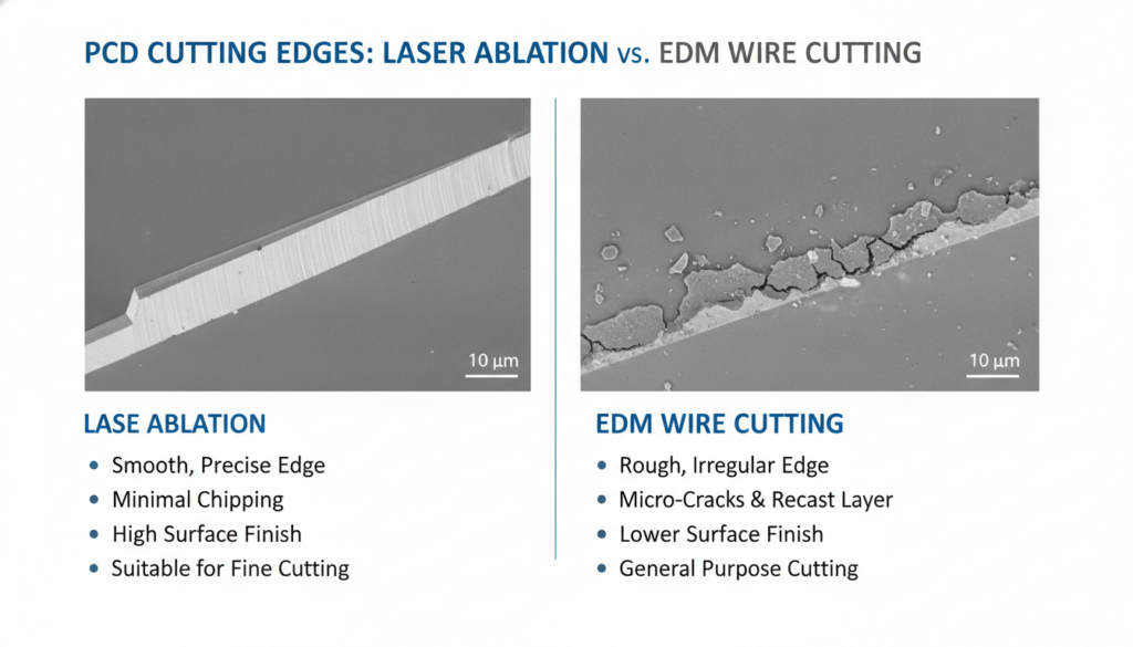 a picture here to compare the difference between the laser-ablated PCD cutting edge and the EDM wire cutting edge