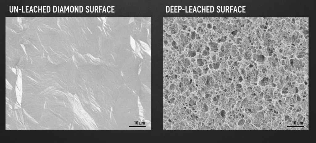a side-by-side SEM (Scanning Electron Microscope) image comparing an un-leached diamond surface with a deep-leached diamond surface