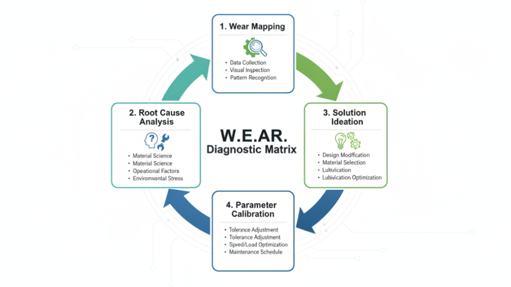  a high-quality infographic visualizing the W.E.A.R. Diagnostic Matrix: A 4-step cyclical flowchart connecting Wear Mapping to Parameter Calibration.