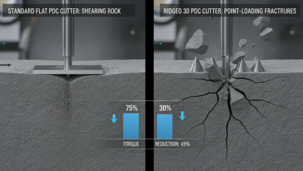 a standard flat PDC cutter shearing rock versus a ridged 3D PDC cutter initiating point-loading fractures in the rock.