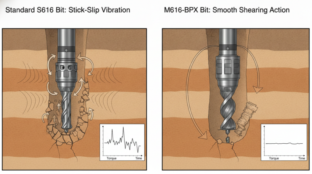 stick-slip vibration on a standard S616 bit versus smooth shearing action on the M616-BPX bit in a lateral curve.