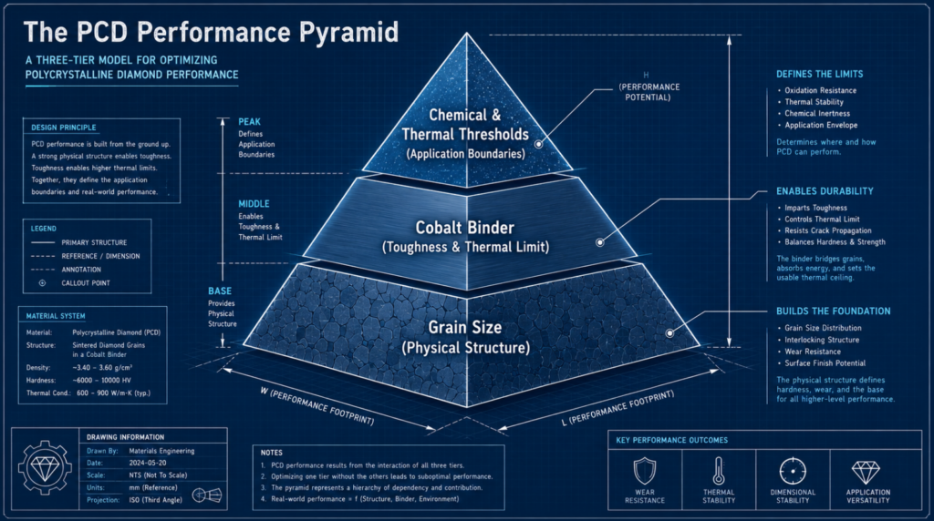 A custom 3D pyramid chart titled “The PCD Performance Pyramid”. Base layer: “Grain Size (Physical Structure)”. Middle layer: “Cobalt Binder (Toughness & Thermal Limit)”. Peak layer: “Chemical & Thermal Thresholds (Application Boundaries)”. Design should look like an engineering blueprint.