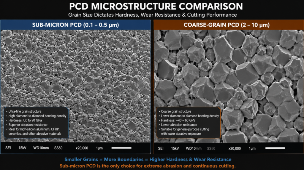 Insert high-resolution SEM image comparing sub-micron vs coarse-grain PCD microstructures side-by-side.