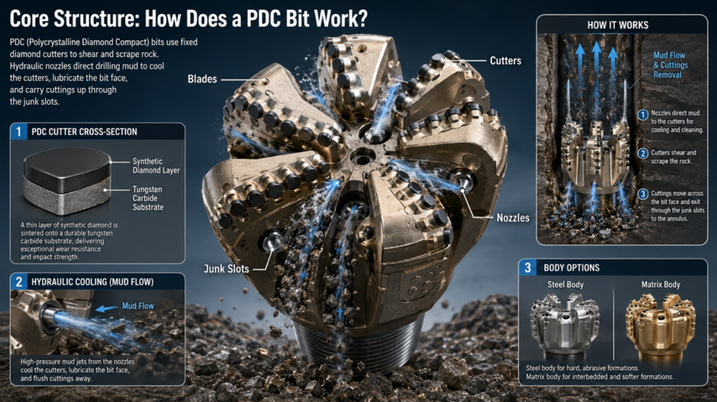 Insert a high-resolution, labeled 3D render of a PDC bit pointing out the Blades, Cutters, Nozzles, and Junk Slots