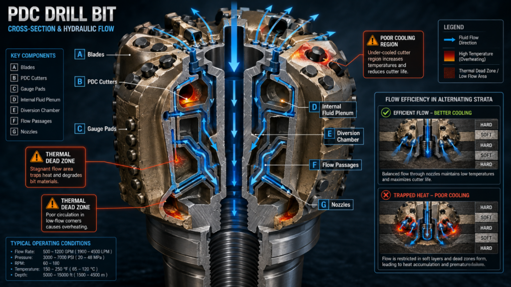Insert a high-resolution, cross-sectional PDC bit diagram here. Highlight the internal fluid plenum and outer gauge pads with specific callout arrows.
