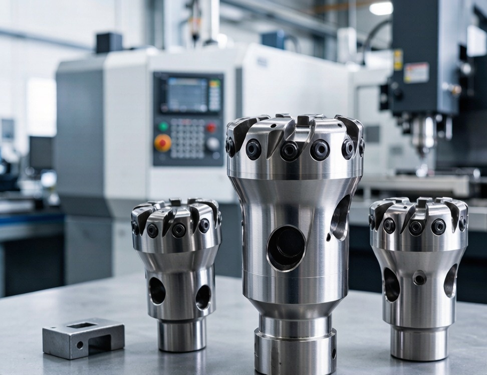 PDC drill bits displayed in a manufacturing workshop
