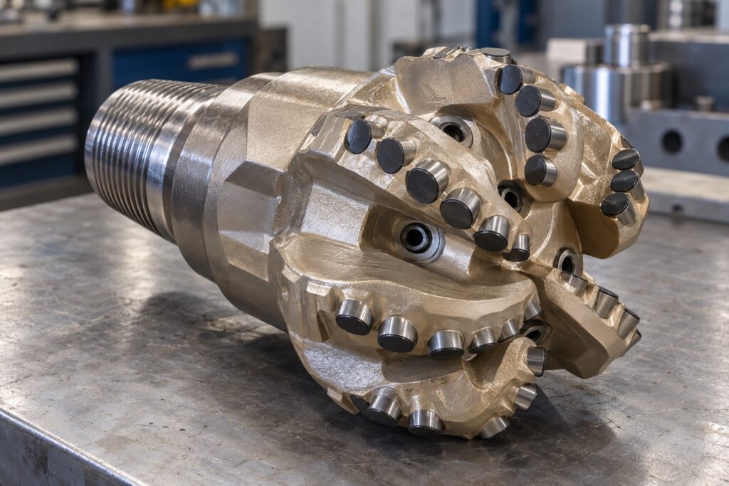 Unbranded PDC drill bit with threaded connection, blades, nozzles, and flat-face cutters on a workbench