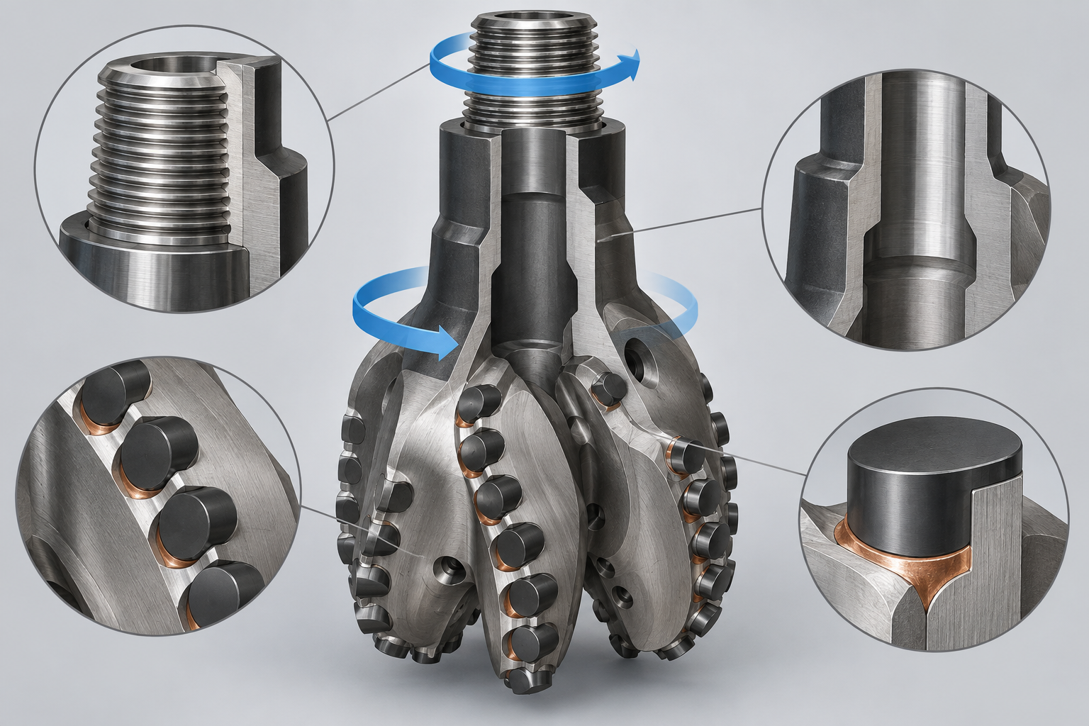 Cutaway PDC bit showing the threaded connection, blades, cutter pockets, brazed joints, and rotational torque direction