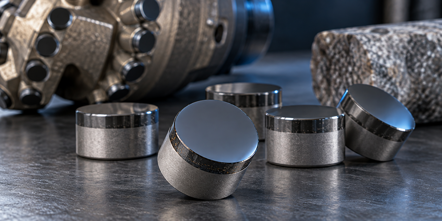 PDC cutters and a drilling bit in an industrial workshop
