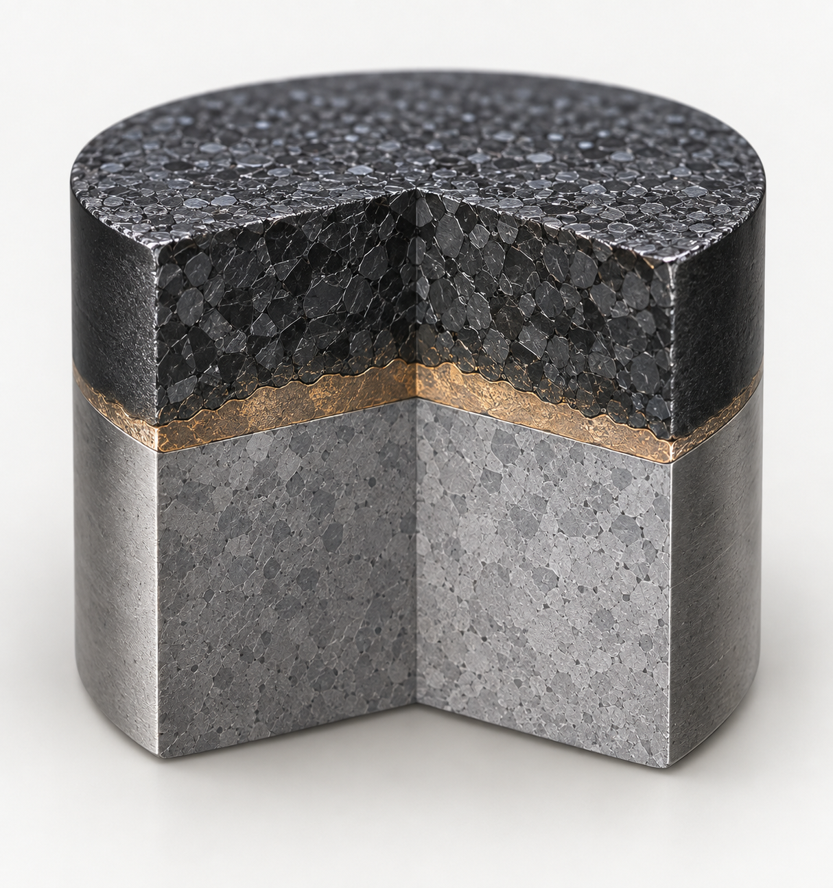 Cutaway PDC cutter showing the polycrystalline diamond layer, bonding interface, and carbide substrate