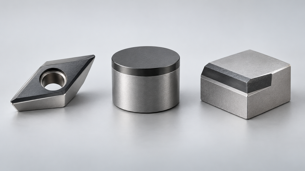 Concept Illustration Of A Pcd Machining Insert, A Cylindrical Pdc Drilling Cutter, And A Stepped Stone-Cutting Element