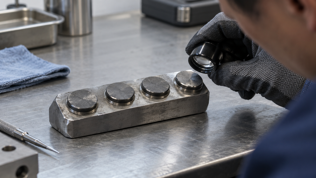 Fixed PDC cutter faces being examined with a loupe on a workshop inspection bench